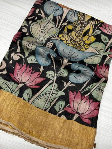 Black Multi Colour Pure Silk Mark Certified Tussar Silk Kalamkari Sarees