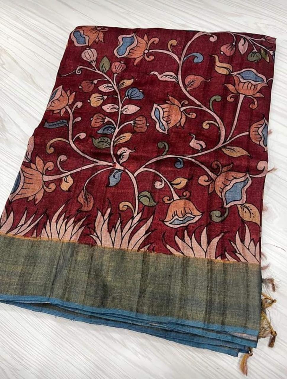 Red Multi Colour Pure Silk Mark Certified Tussar Silk Kalamkari Sarees