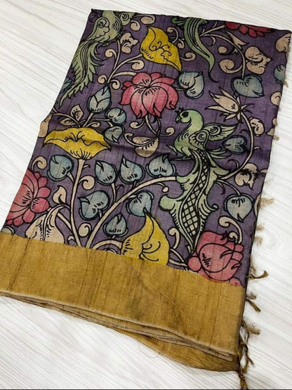 Purple Multi Colour Pure Silk Mark Certified Tussar Silk  Kalamkari Sarees