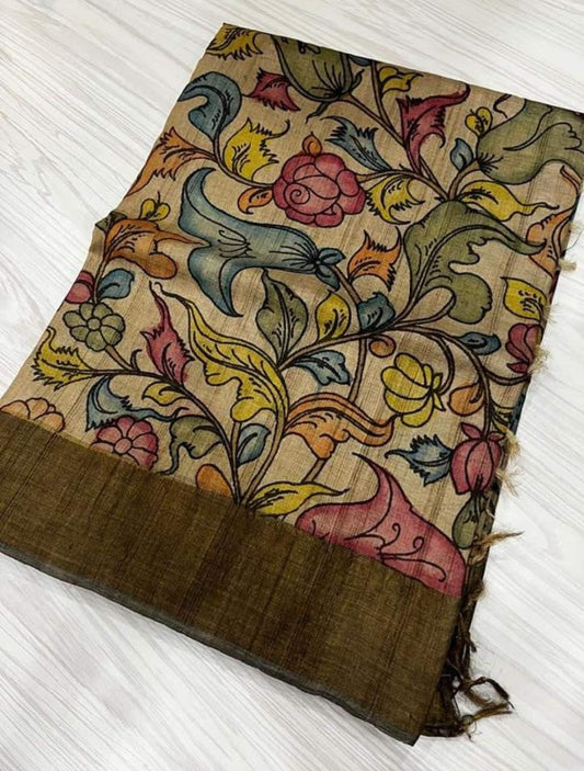 Off-white Multi Colour Pure Silk Mark Certified Tussar Silk Kalamkari Sarees