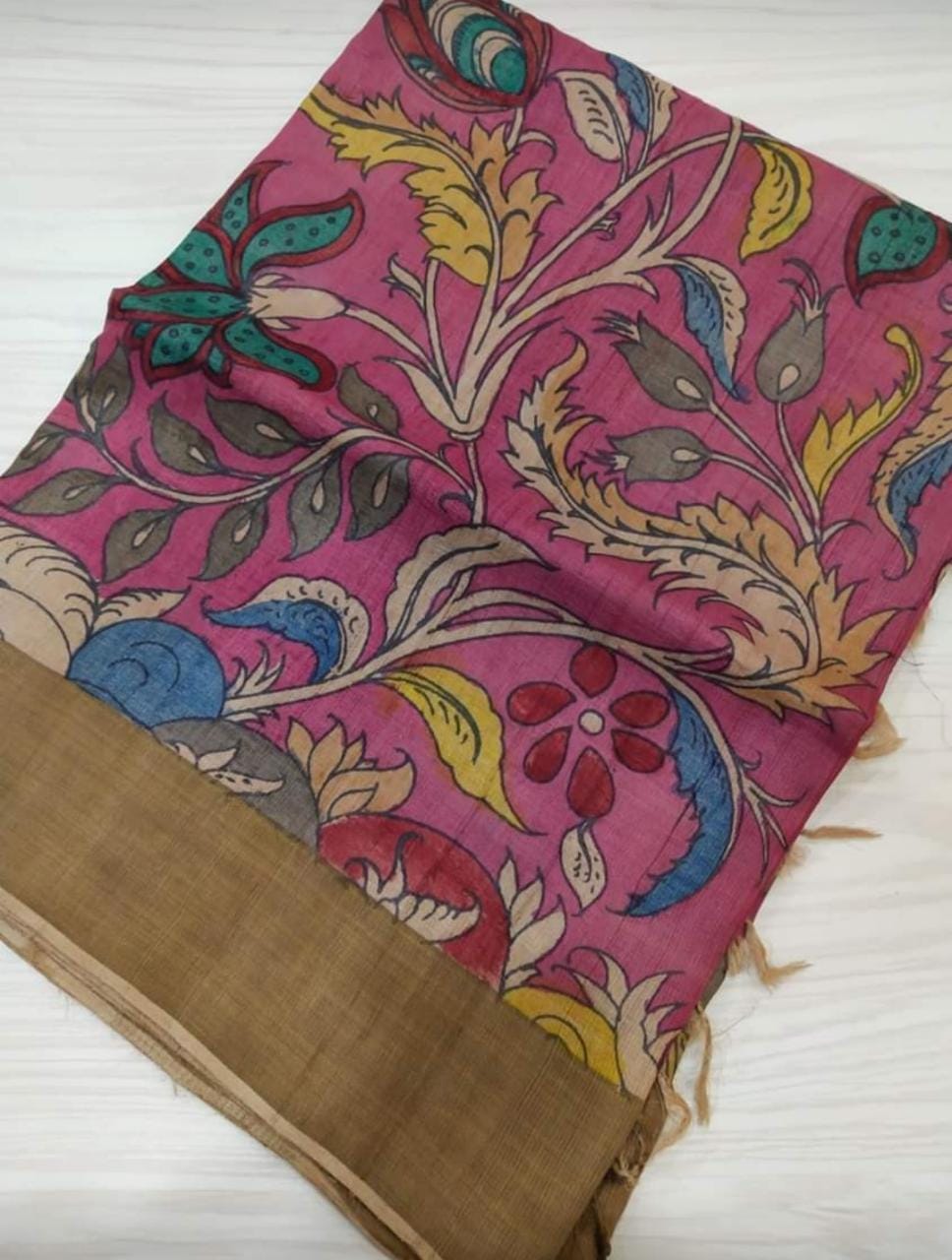 Pink Multi Colour Sri Kala Hasti Pure Silk Mark Certified Tussar Silk Kalamkari Sarees