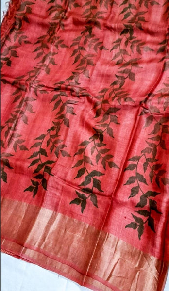 Red Beautiful Block Print Zari Border Pure Silk Mark Certified Tussar Silk Sarees