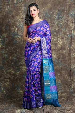 Bright Blue Block Print Zari Border Pure Silk Mark Certified Tussar Silk Sarees