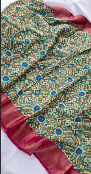 Green and Rani Block Print Zari Border Pure Silk Mark Certified Tussar Silk Sarees
