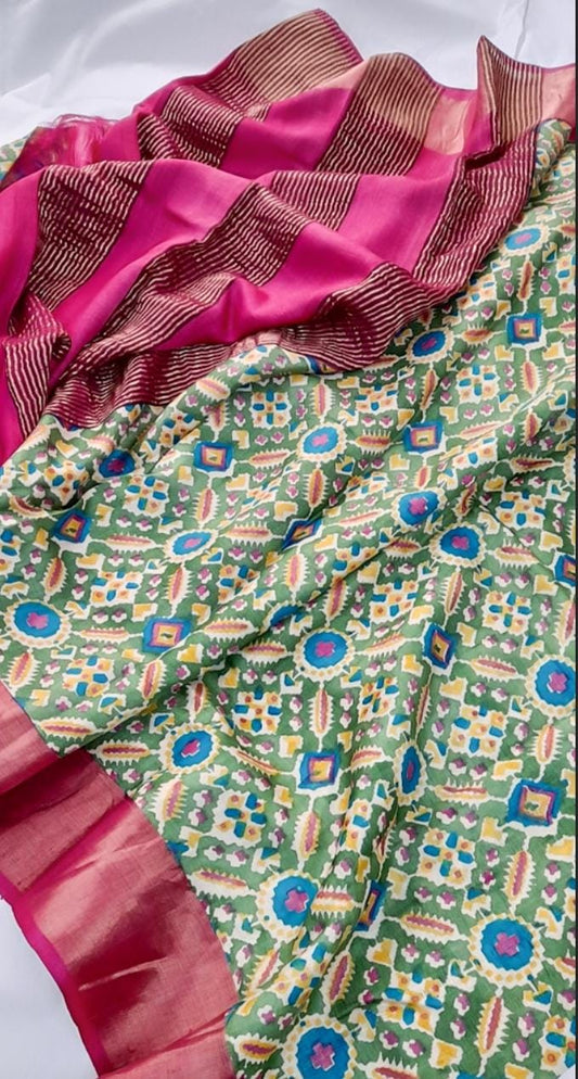 Green and Rani Block Print Zari Border Pure Silk Mark Certified Tussar Silk Sarees