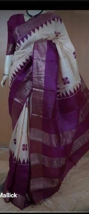 Purple Block Printed Zari Border Pure Silk Mark Certified Tussar Silk Sarees