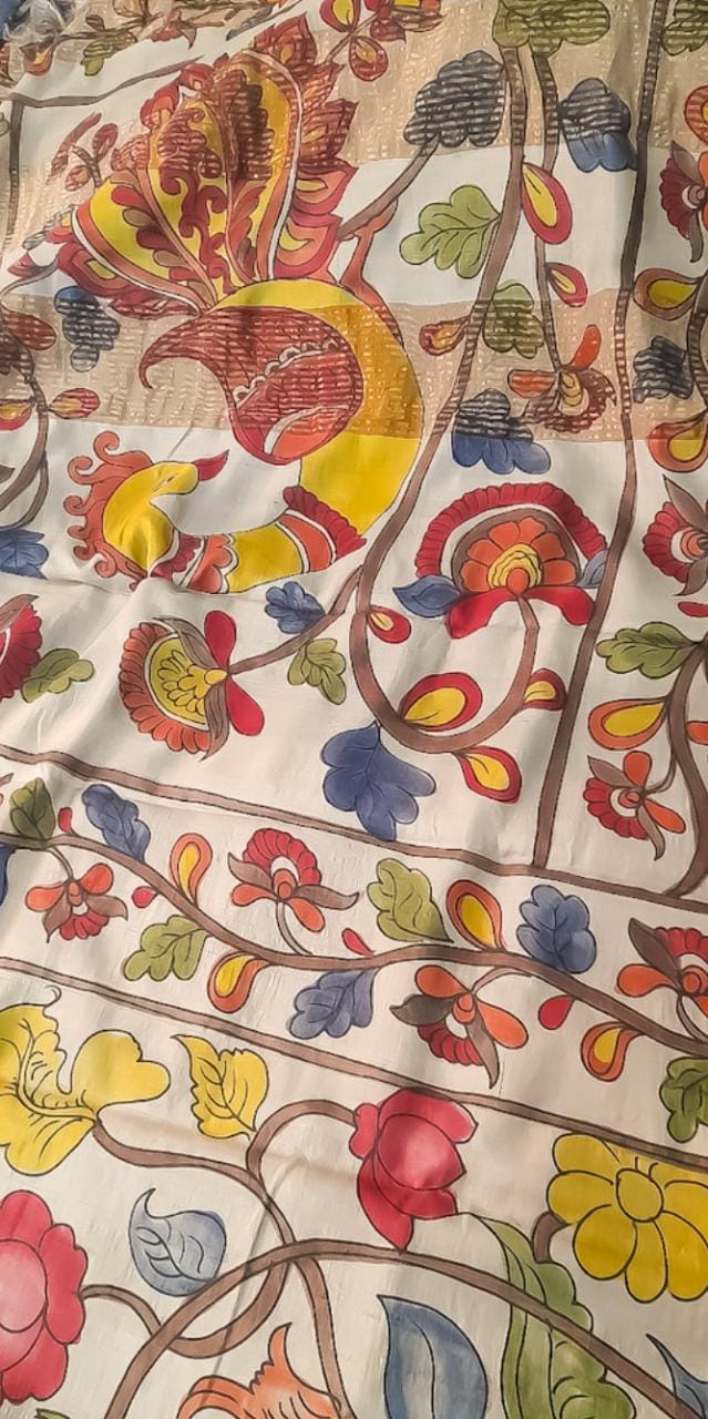 Beige Multi Colour Sri Kala  Hastey Pure Silk Mark Certified Tussar Silk Kalamkari Sarees