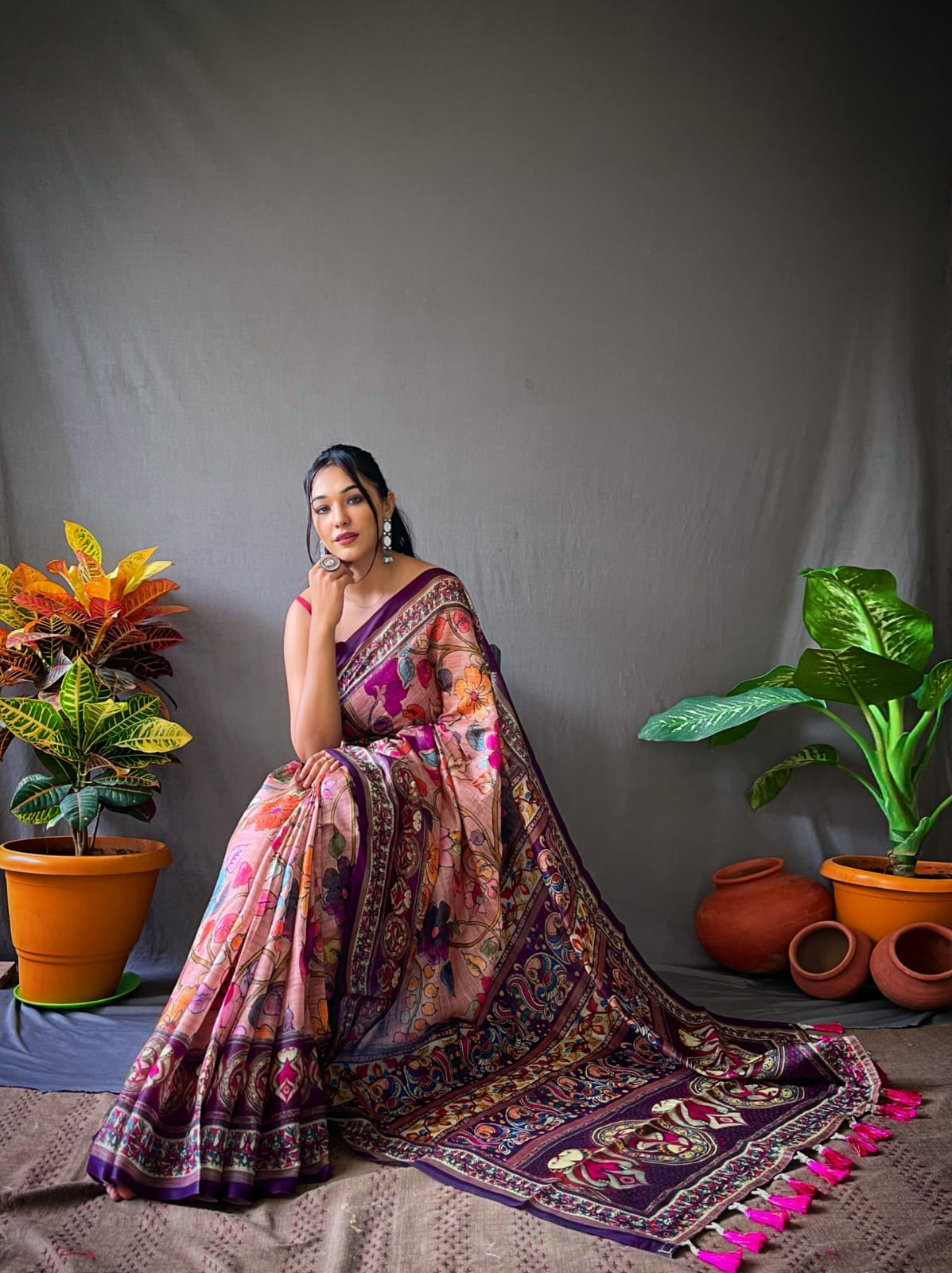 Light Pink Multi Color Cotton Handloom Kalamkari Sarees (Add to Cart Get 15% Extra Discount