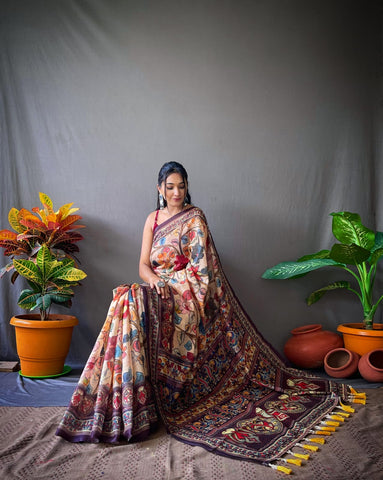 Beige Multi Color Cotton Handloom Kalamkari Sarees (Add to Cart Get 15% Extra Discount Get Extra 10% Discount on All Prepaid Transaction
