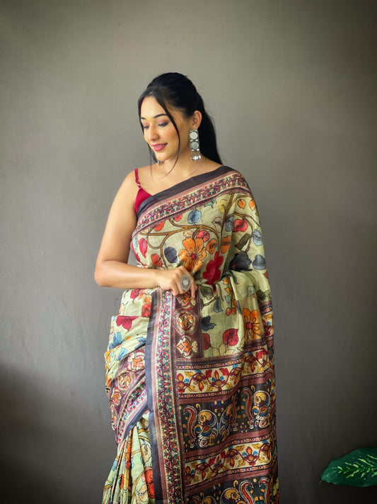 Light Green Multi Color Cotton Handloom Kalamkari Sarees (Add to Cart Get 15% Extra Discount