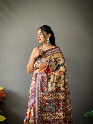 Beige Multi Color Cotton Handloom Kalamkari Sarees (Add to Cart Get 15% Extra Discount Get Extra 10% Discount on All Prepaid Transaction