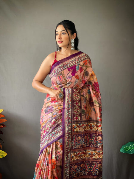 Light Pink Multi Color Cotton Handloom Kalamkari Sarees (Add to Cart Get 15% Extra Discount