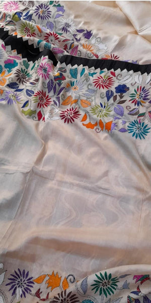 Beige Multi Colour Hand Embroidery Pure Silk Mark Certified Tussar Silk Kantha Stitch Sarees