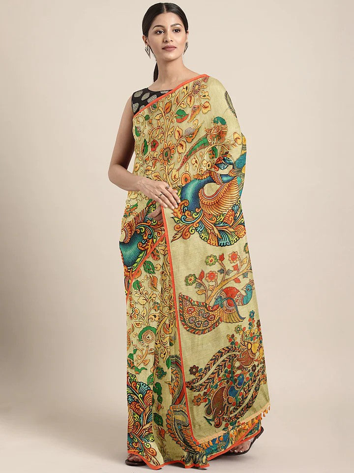 Multi Colour Pure Silk Mark Certified Tussar Silk Kalamkari Sarees Get Extra 10% Discount on All Prepaid Transaction