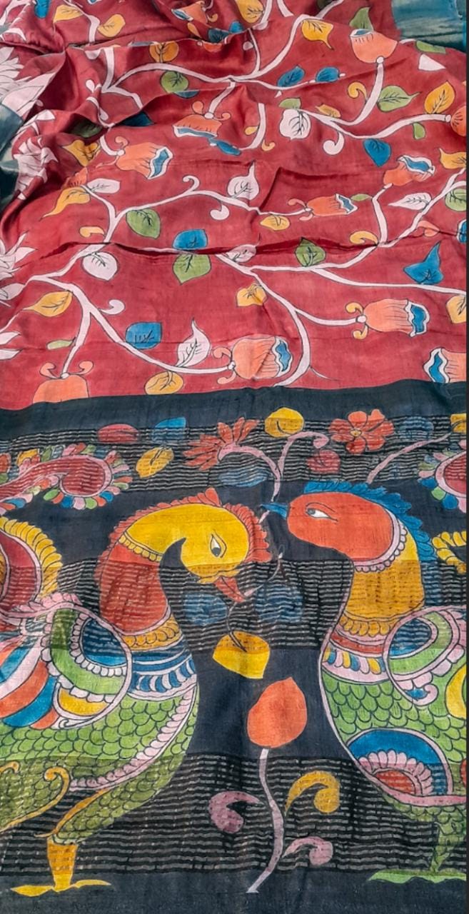 Red Multi Colour Pure Silk Mark Certified Tussar Silk Kalamkari Sarees