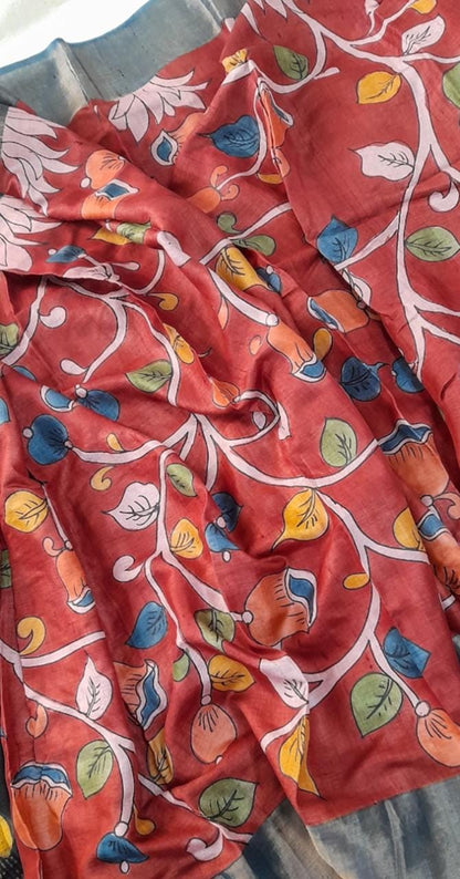 Red Multi Colour Pure Silk Mark Certified Tussar Kalamkari Sarees