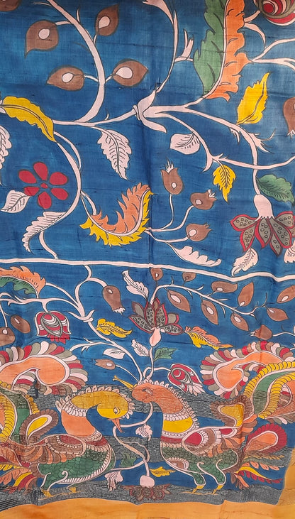 Blue Multi Colour Pure Silk Mark Certified Tussar Silk Kalamkari Sarees