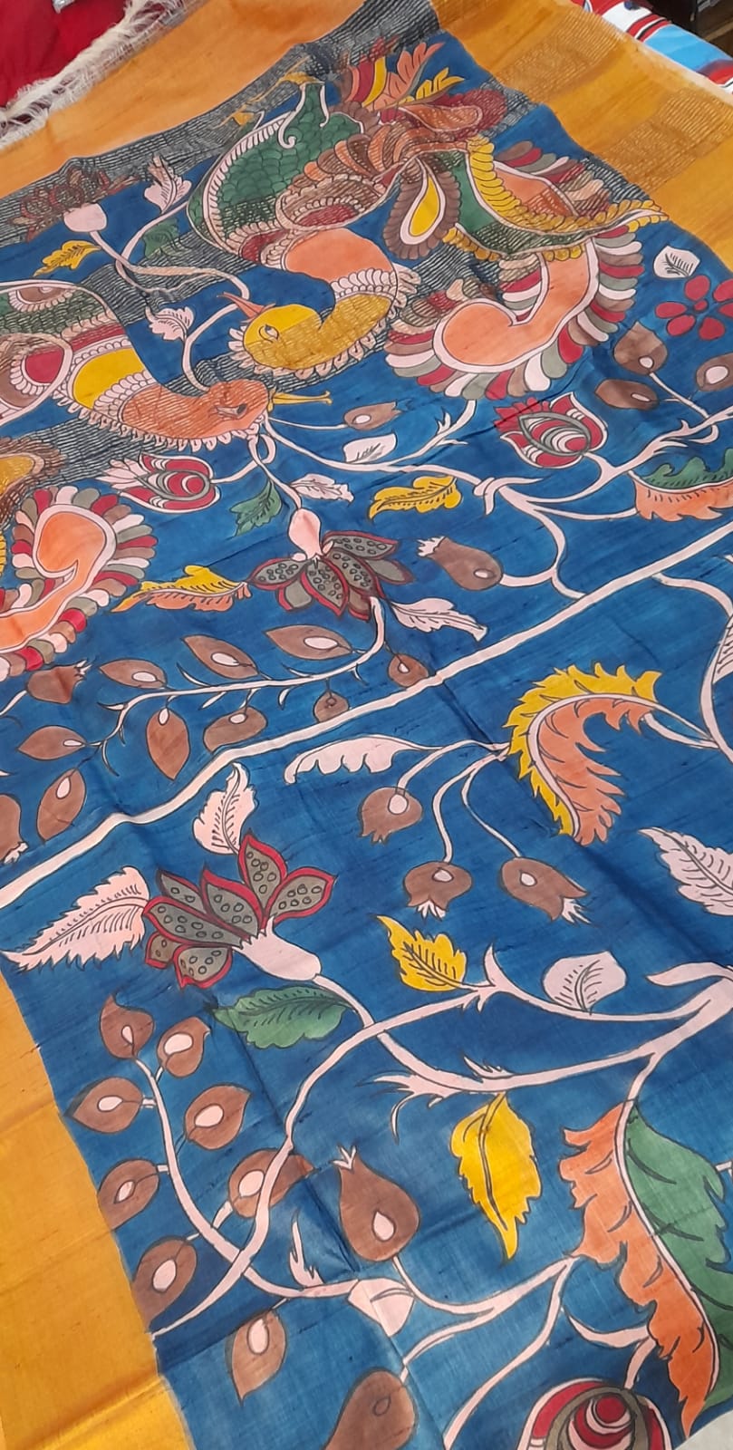 Blue Multi Colour Pure Silk Mark Certified Tussar Silk Kalamkari Sarees