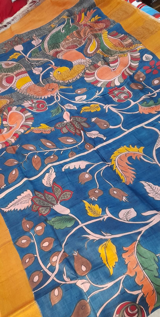 Blue Multi Colour Pure Silk Mark Certified Tussar Silk Kalamkari Sarees