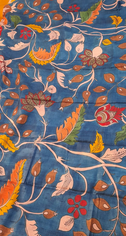 Blue Multi Colour Pure Silk Mark Certified Tussar Silk Kalamkari Sarees