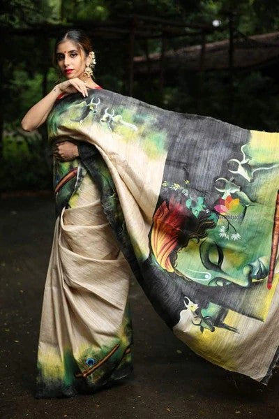 Beige Hand Painted Pure Silk Mark Certified Tussar Silk Sarees