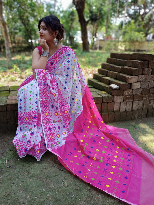 White & Pink Cotton Handloom Jamdani Sarees (Add to Cart Get 15% Extra Discount