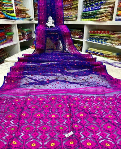 Pinl & Blue Cotton Handloom Jamdani Sarees (Add to Cart Get 15% Extra Discount Get Extra 10% Discount on All Prepaid Transaction
