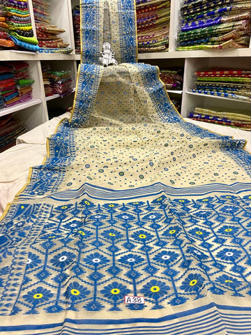 Blue & Off White Cotton Handloom Jamdani Sarees (Add to Cart Get 15% Extra Discount Get Extra 10% Discount on All Prepaid Transaction