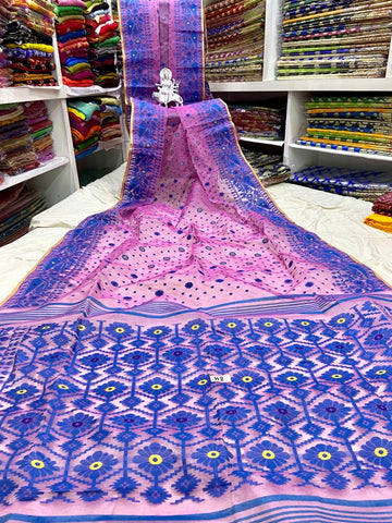 Blue & Pink Cotton Handloom Jamdani Sarees (Add to Cart Get 15% Extra Discount Get Extra 10% Discount on All Prepaid Transaction