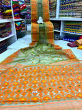 Green & Orange Cotton Handloom Jamdani Sarees (Add to Cart Get 15% Extra Discount