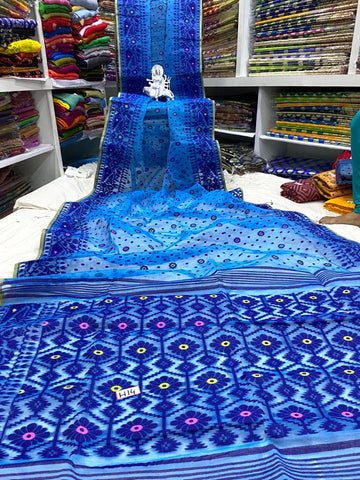 Blue Cotton Handloom Jamdani Sarees (Add to Cart Get 15% Extra Discount Get Extra 10% Discount on All Prepaid Transaction