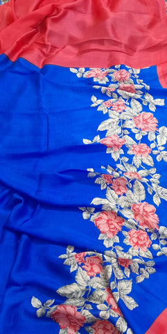 Blue Screen Printed Pure Silk Mark Certified Bishnupuri Silk Sarees