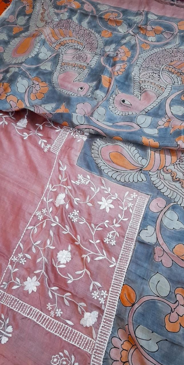 Pink Hand Painted Pure Silk Mark Certified Tussar Silk Kalamkari Sarees