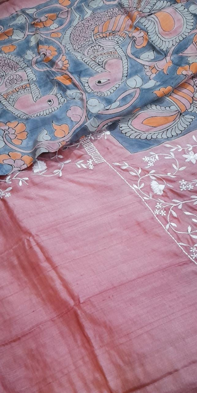 Pink Hand Painted Pure Silk Mark Certified Tussar Silk Kalamkari Sarees