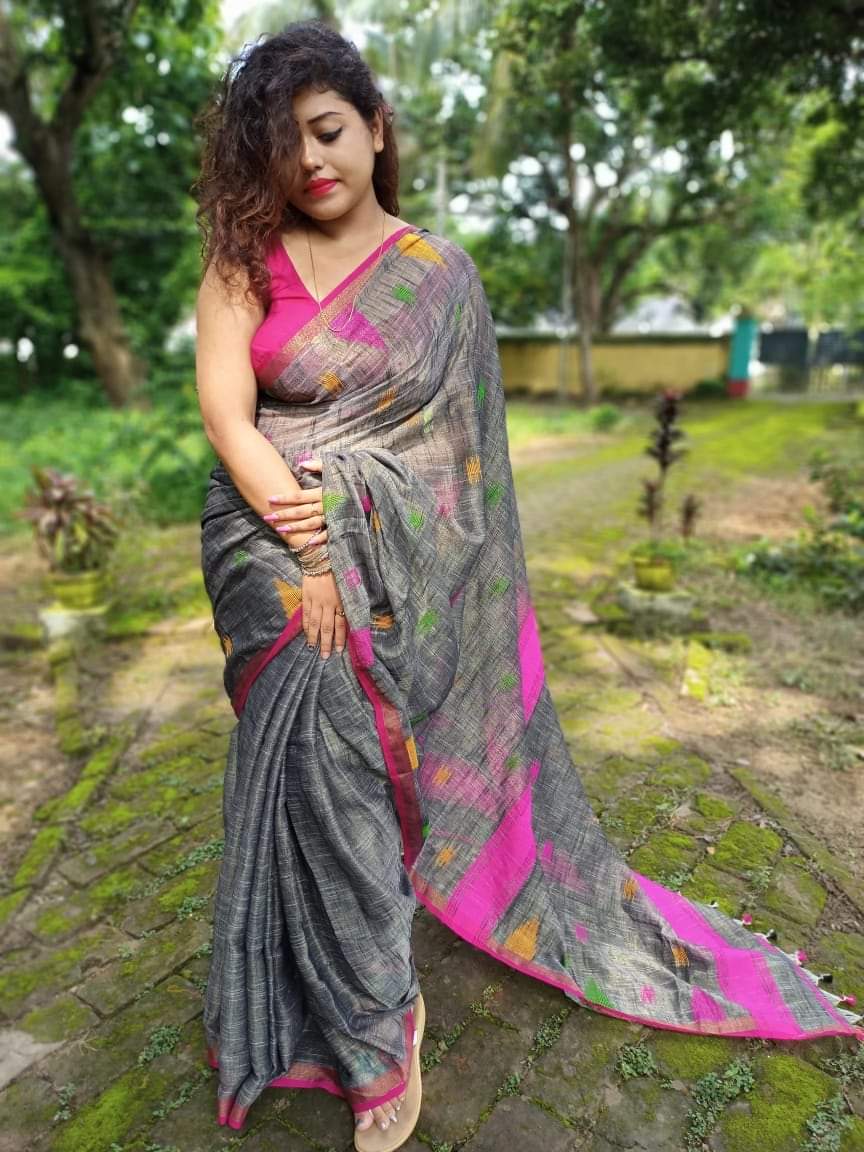 Grey Khadi Cotton Handloom Sarees (Add to Cart Get 15% Extra Discount