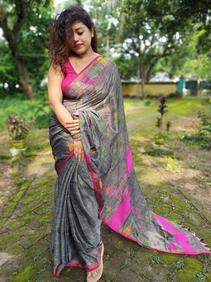 Grey Khadi Cotton Handloom Sarees (Add to Cart Get 15% Extra Discount