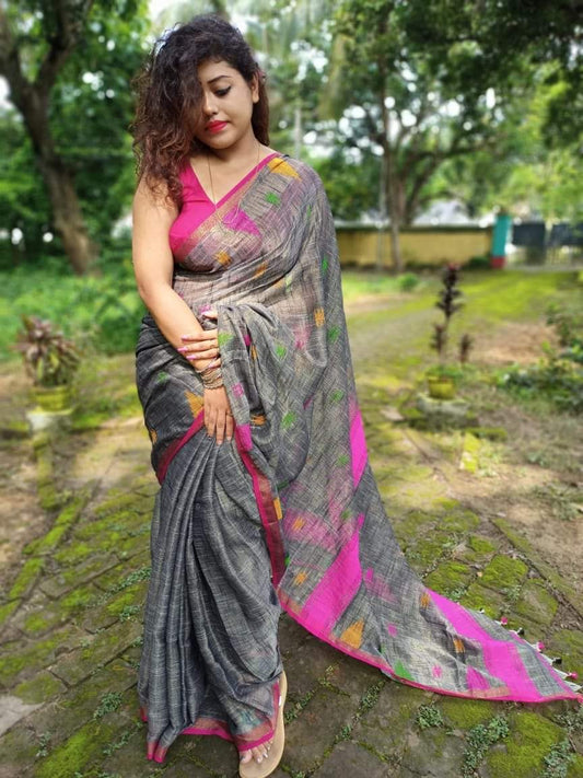 Grey Khadi Cotton Handloom Sarees (Add to Cart Get 15% Extra Discount