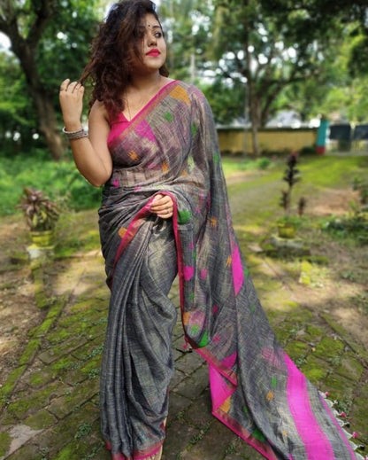 Grey Khadi Cotton Handloom Sarees (Add to Cart Get 15% Extra Discount