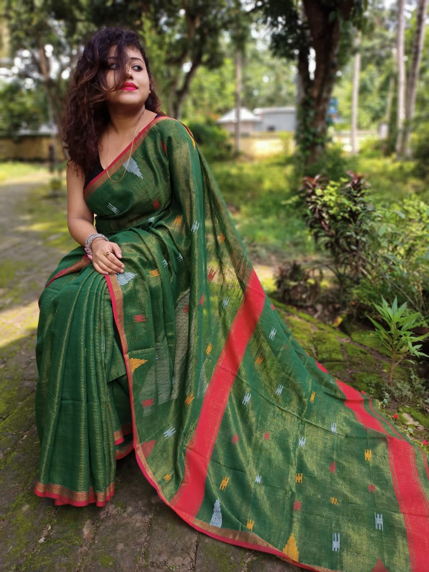 Green Khadi Cotton Handloom Sarees (Add to Cart Get 15% Extra Discount