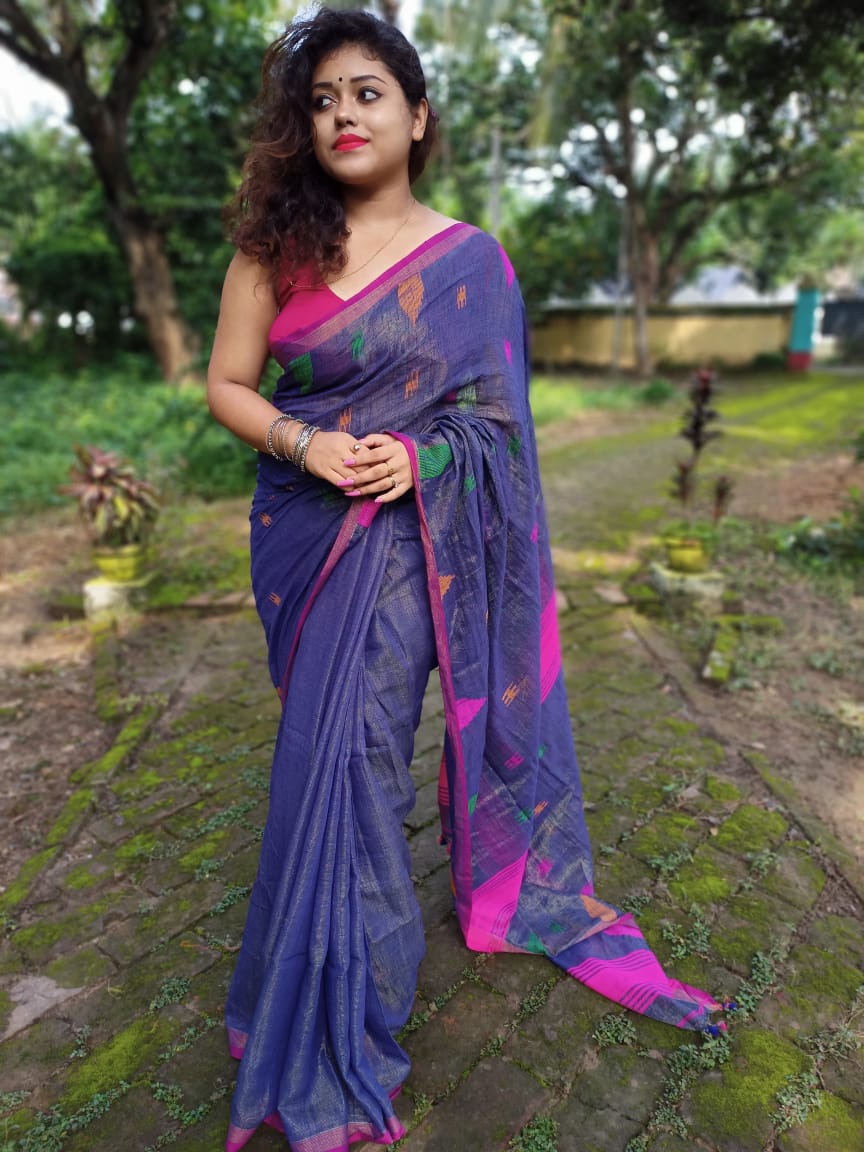 Blue Khadi Cotton Handloom Sarees (Add to Cart Get 15% Extra Discount