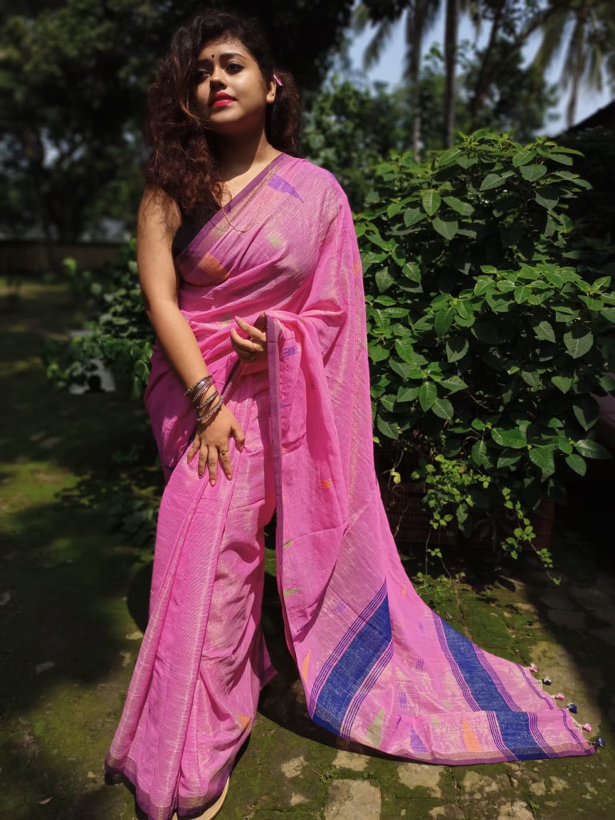 Pink Khadi Cotton Handloom Sarees (Add to Cart Get 15% Extra Discount