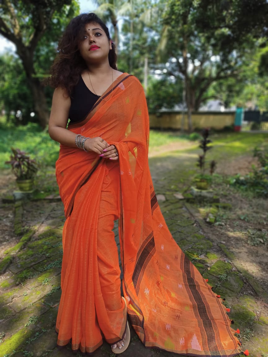 Orange Khadi Cotton Handloom Sarees (Add to Cart Get 15% Extra Discount