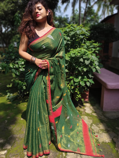 Green Khadi Cotton Handloom Sarees (Add to Cart Get 15% Extra Discount