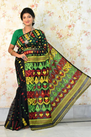 Black Cotton Handloom Jamdani Sarees (Add to Cart Get 15% Extra Discount