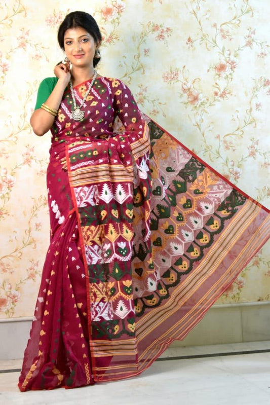 Red Cotton Handloom Jamdani Sarees (Add to Cart Get 15% Extra Discount