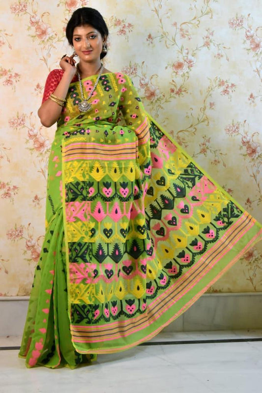 Green Cotton Handloom Jamdani Sarees (Add to Cart Get 15% Extra Discount