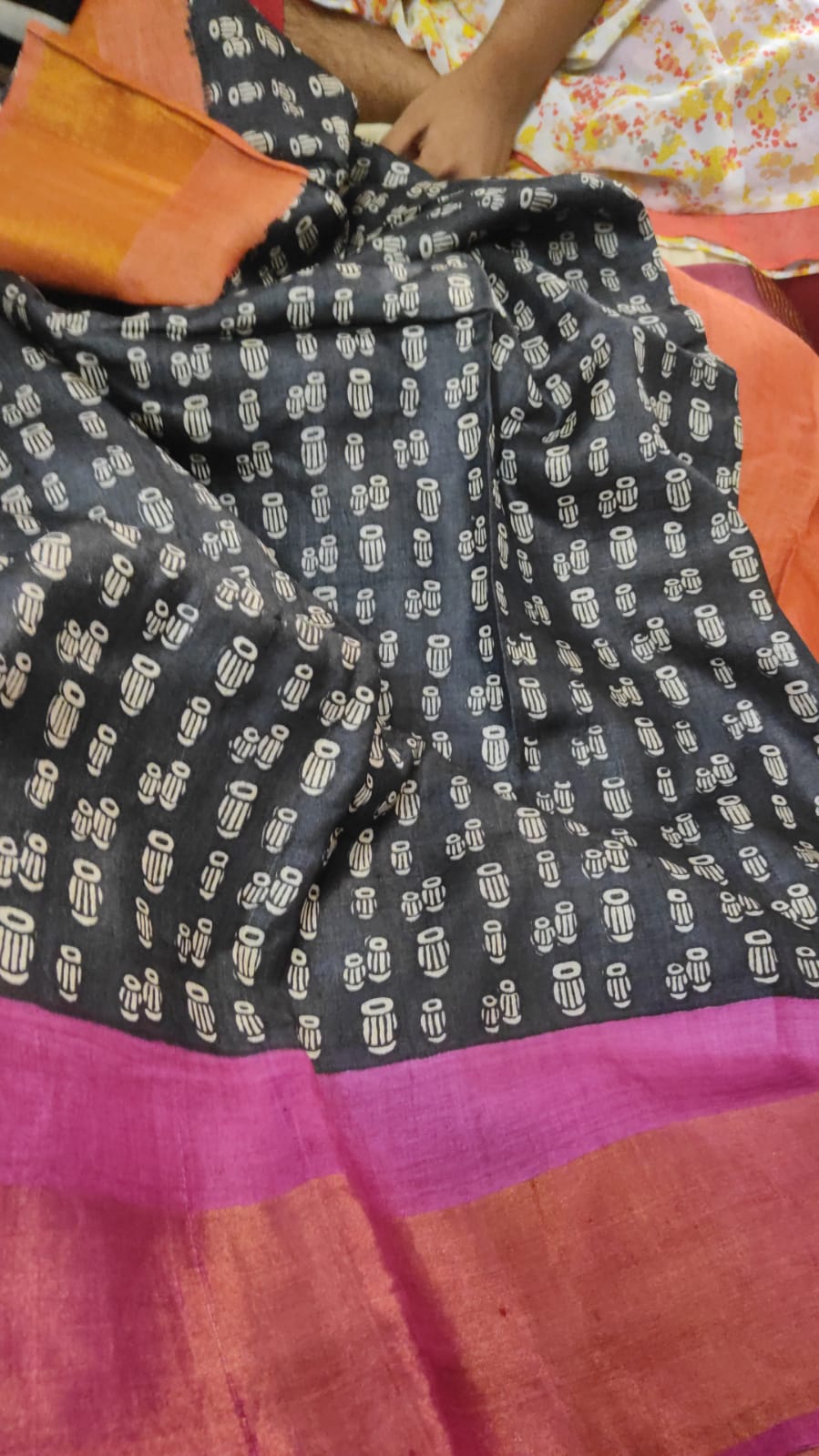 Black Orange Beautiful Block Print Zari Border Pure Silk Mark Certified Tussar Silk Sarees - Dailybuyys