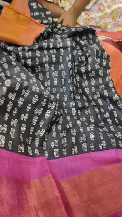 Black Orange Beautiful Block Print Zari Border Pure Silk Mark Certified Tussar Silk Sarees - Dailybuyys