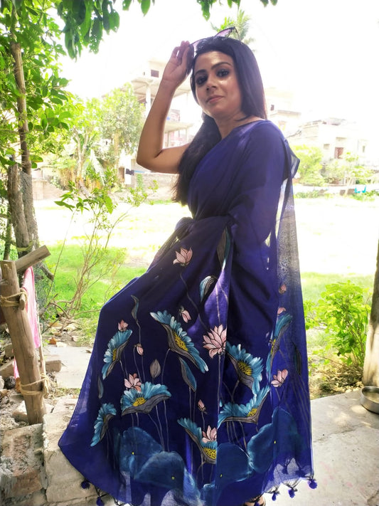 Blue Pure Cotton Handloom Hand Painted Saree