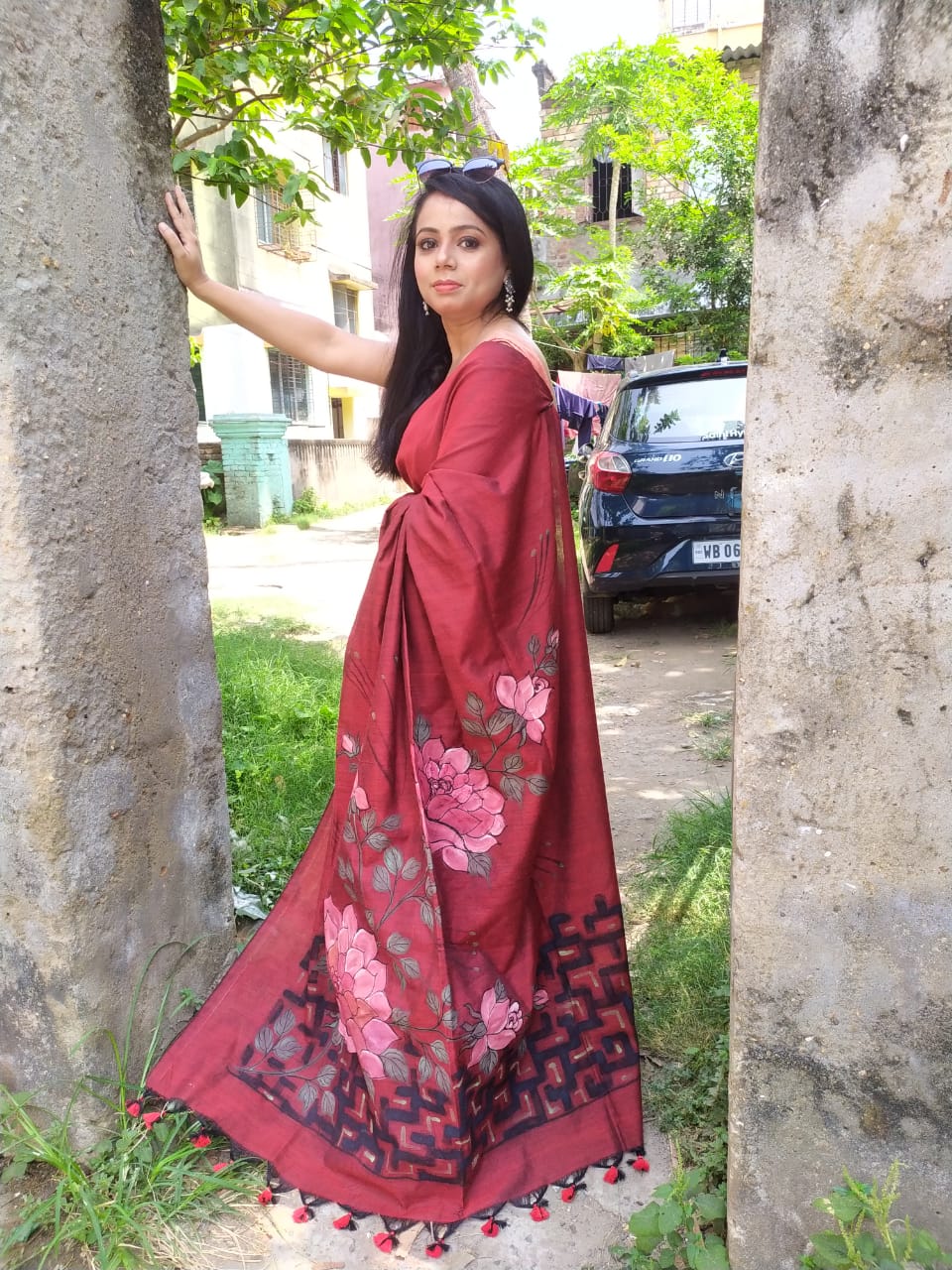 Maroon Pure Cotton Handloom Hand Painted Saree